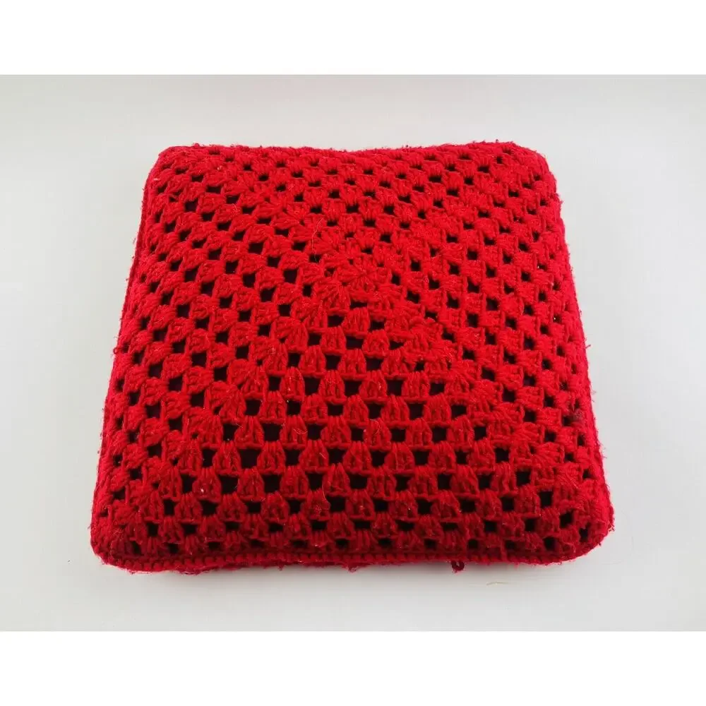 Vintage Pillow Handmade Crochet Knit Boho Granny Retro Red W/ Insert Cover 17”